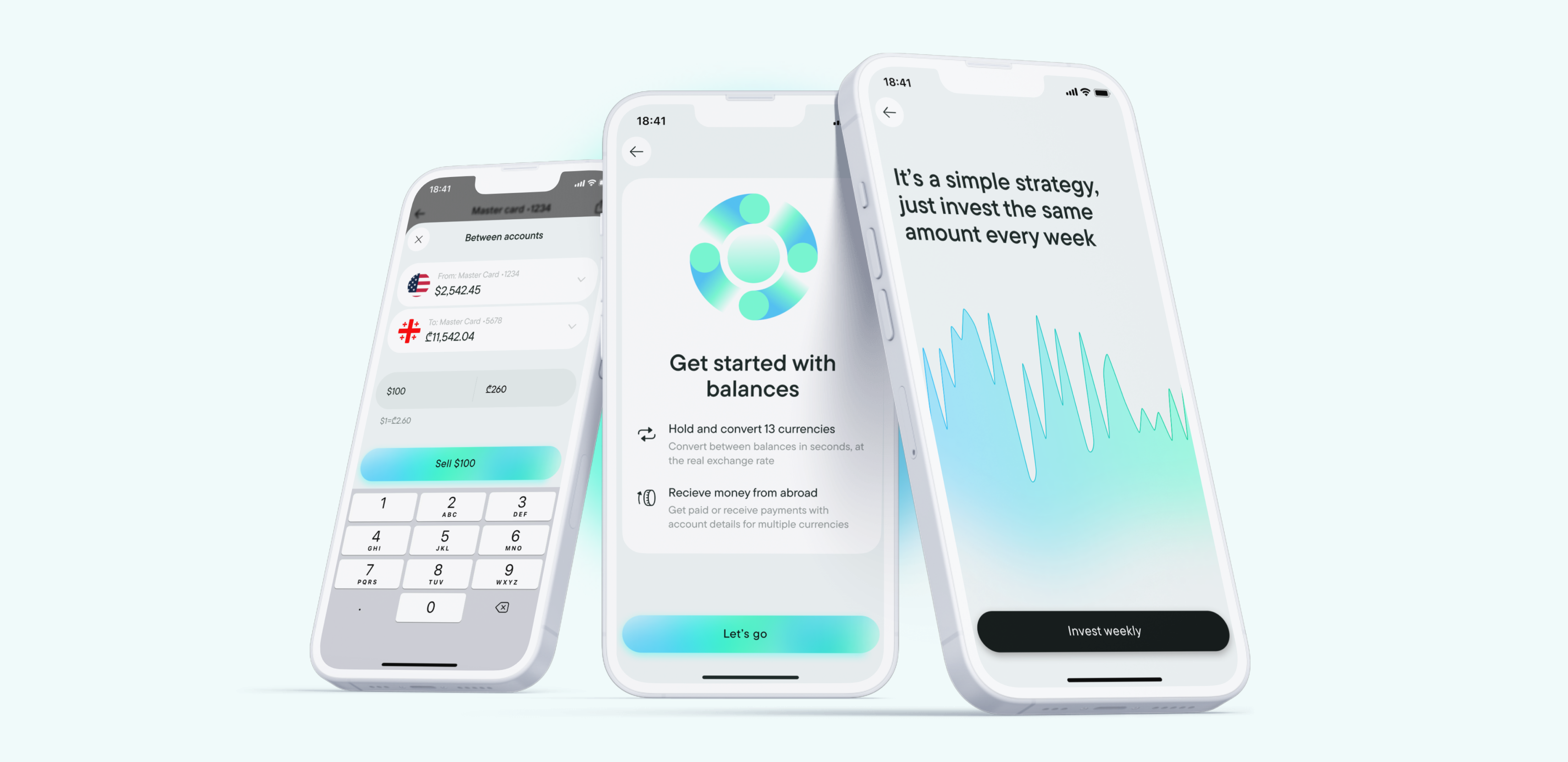 Mobile banking screens for currency exchange, balances and weekly investing