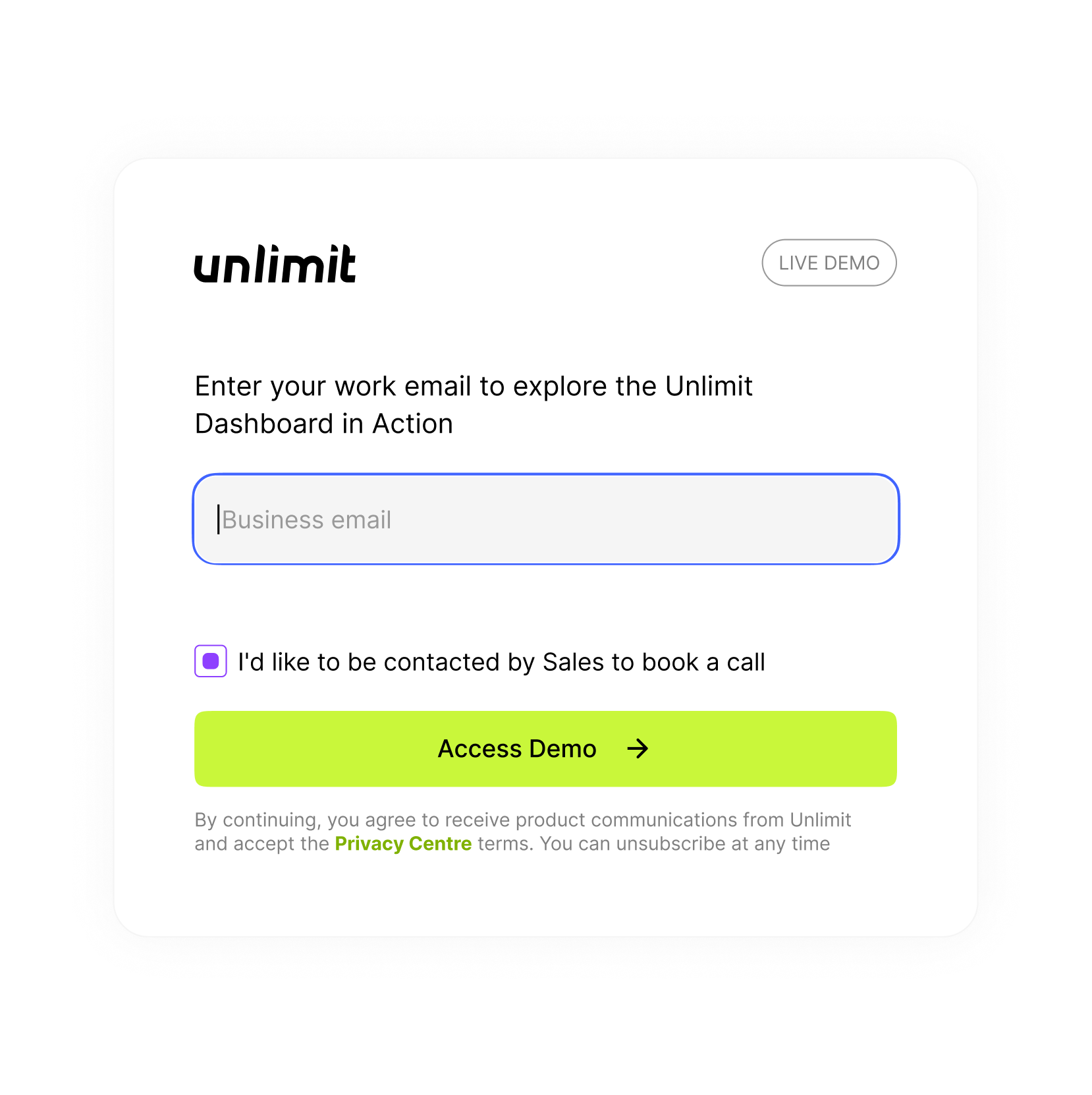 Unlimit live demo access form