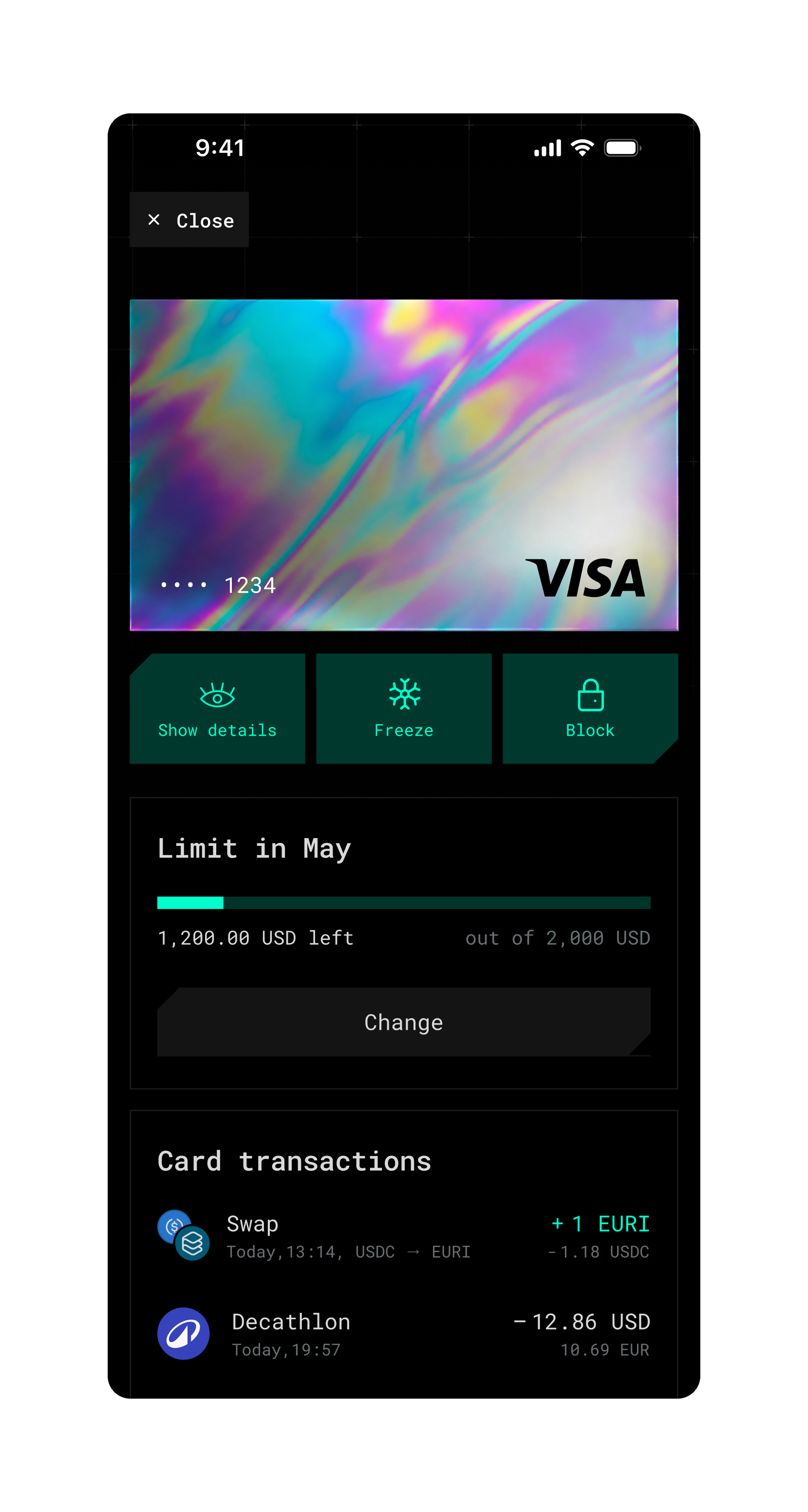 Crypto card screen with card controls, spending limit and transactions