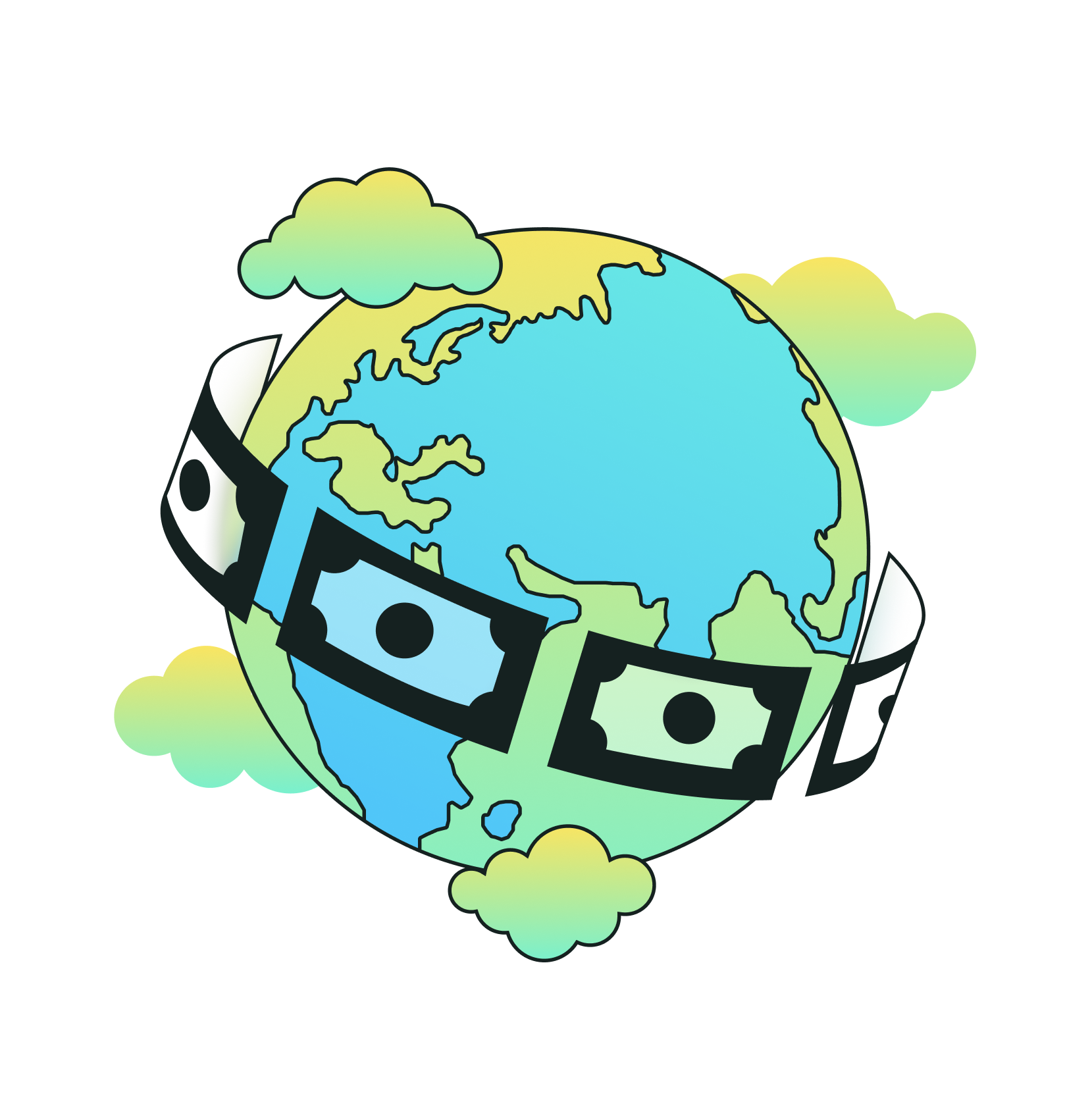 Globe illustration with banknotes and gradient clouds