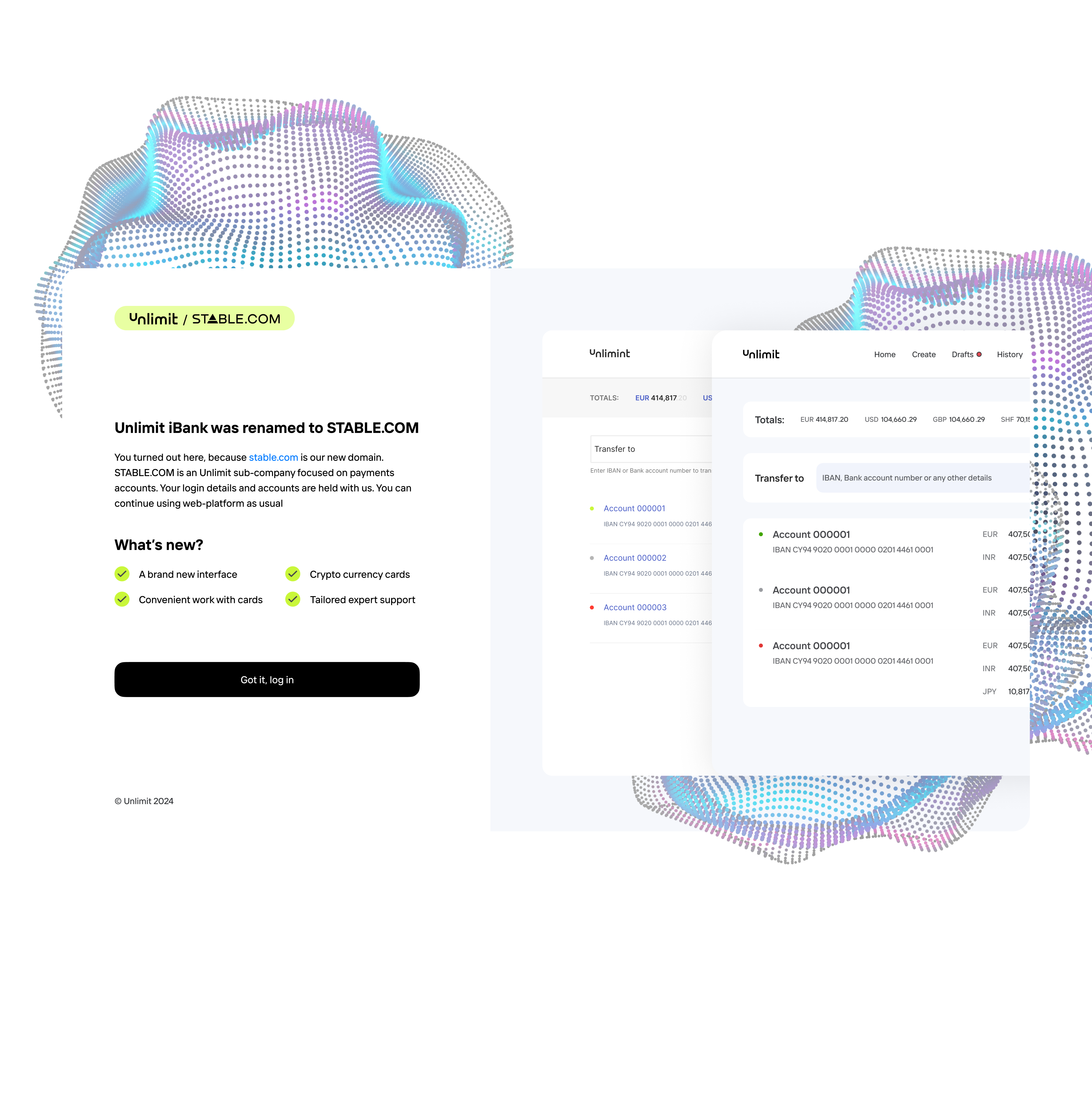 Unlimit to STABLE.COM transition screen with banking dashboard previews