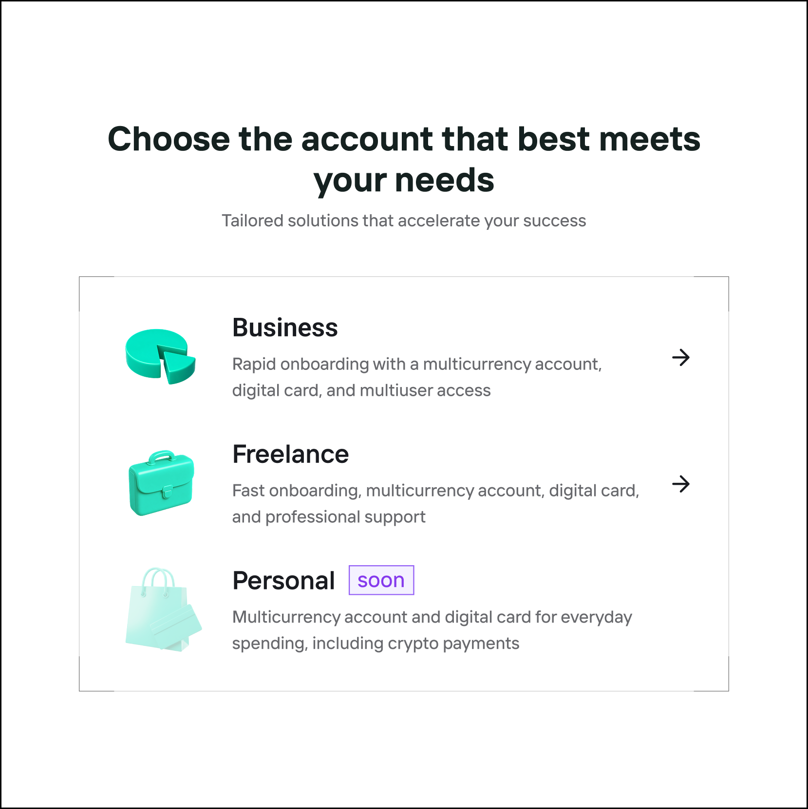 Business, freelance and personal account options on the web