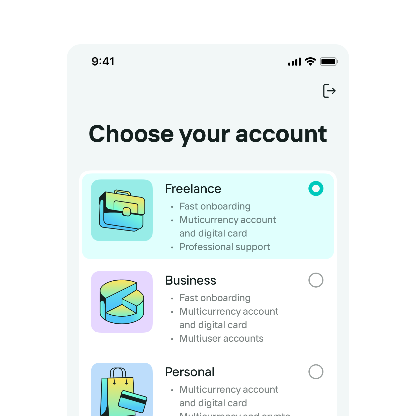 Mobile account selection with freelance, business and personal options