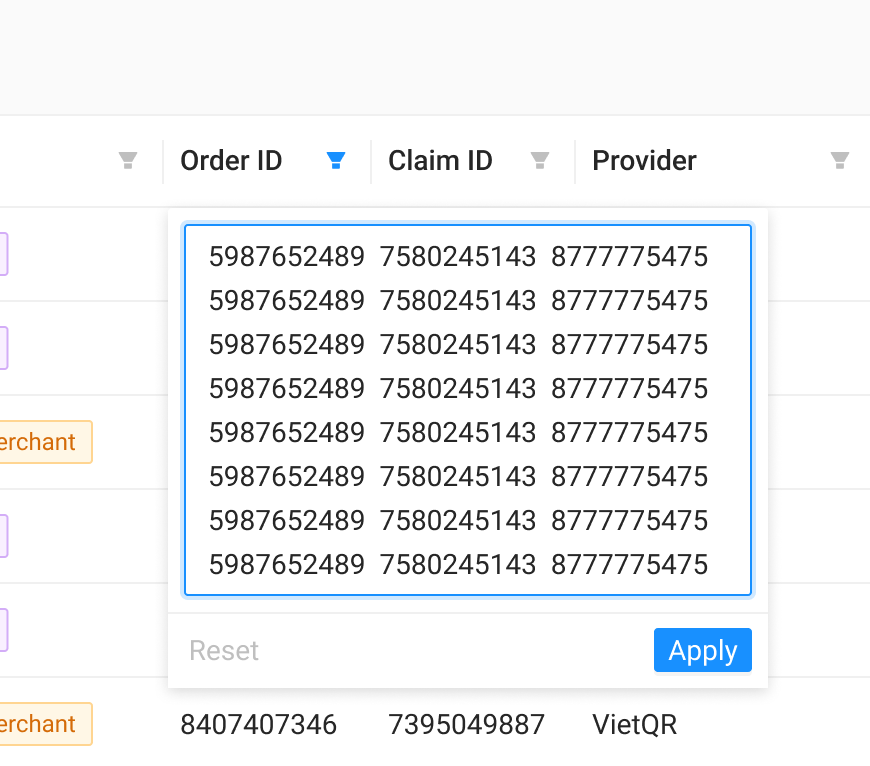 Order ID filter with multiple values pasted into a textarea