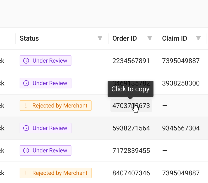 Dispute table cell showing the Click to copy interaction
