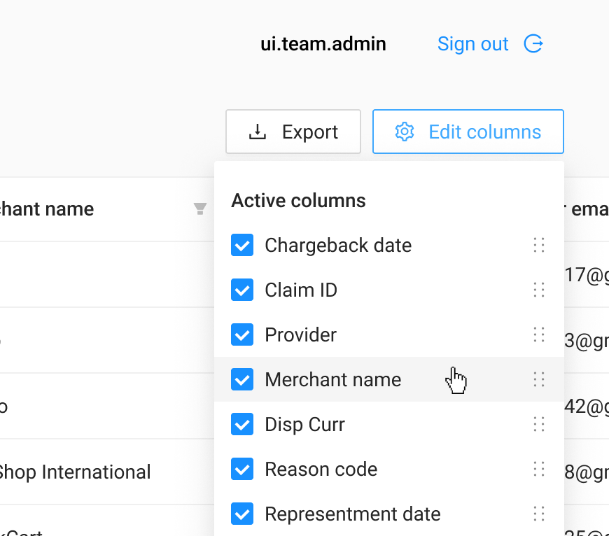 Edit columns interface showing active columns, checkboxes and drag handles