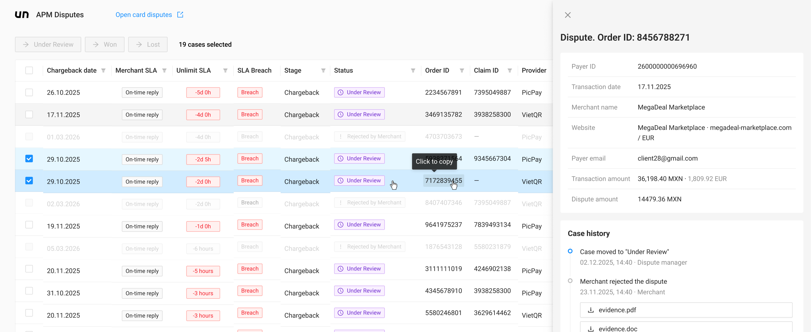 APM Dispute Center interface showing dispute cases, SLA states, copy interaction, dispute details and case history