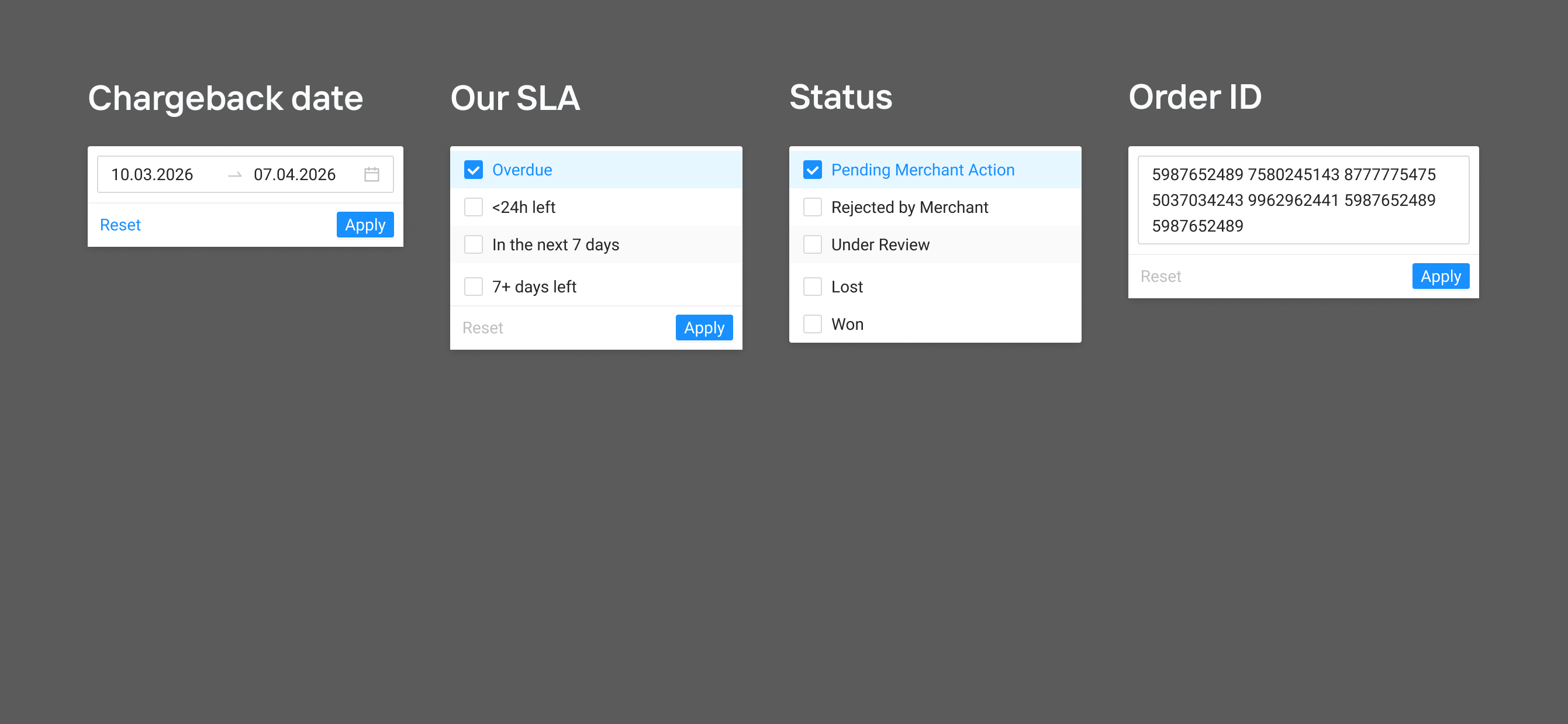 Final APM dispute filters for chargeback date, SLA, status, and bulk Order IDs
