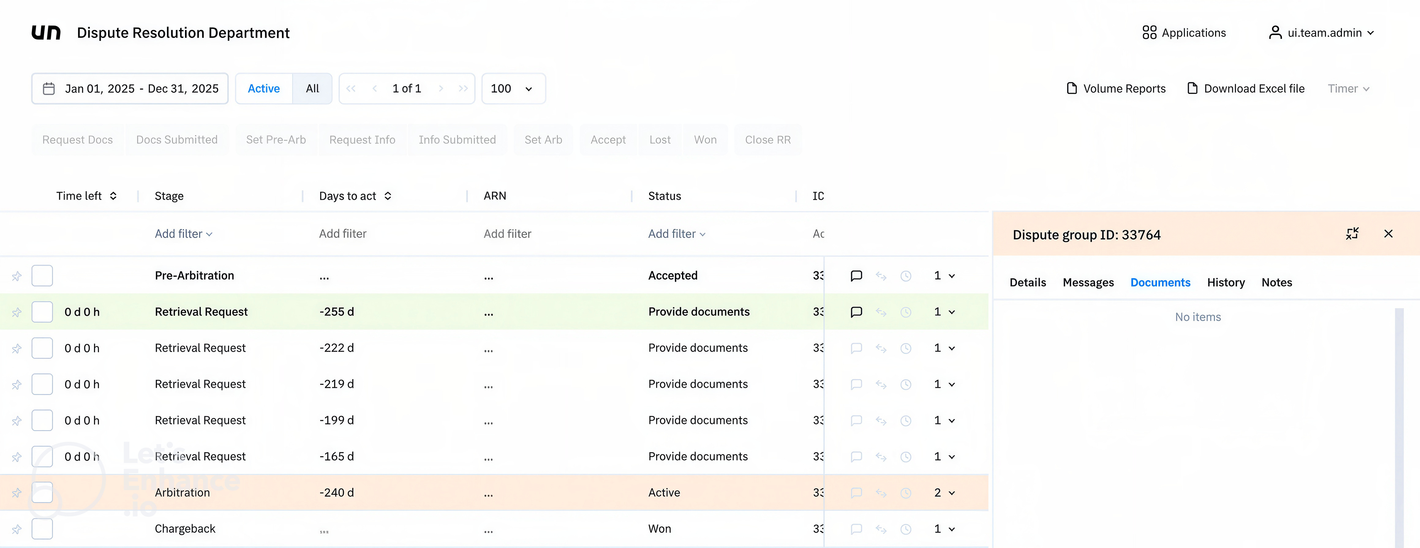 Legacy Dispute Resolution Department interface with dispute table, filters, actions and dispute details