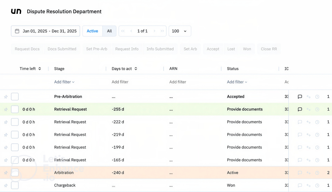 Legacy dispute interface with technical timer values, stages and statuses