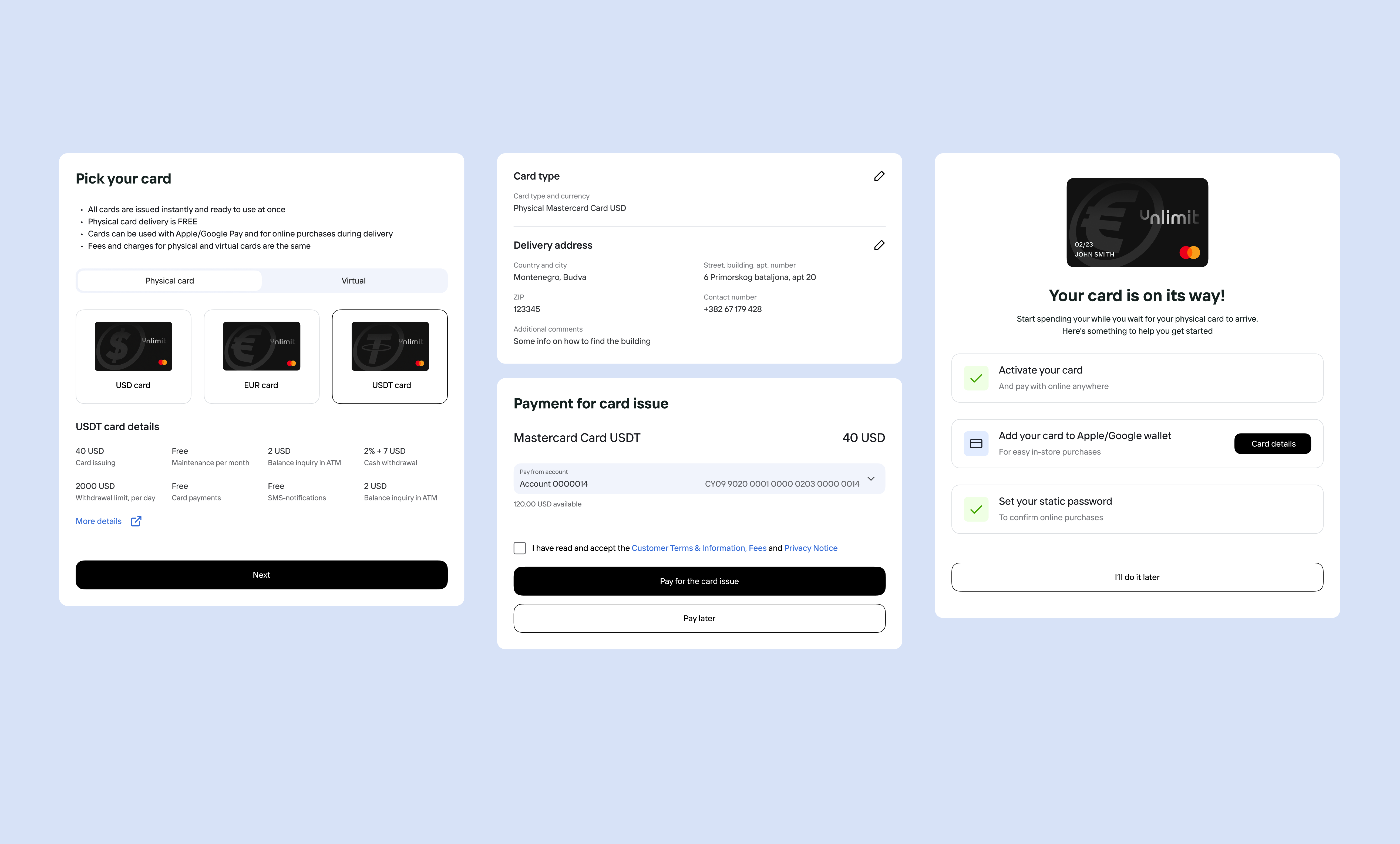 Automated card-ordering concept showing card selection, delivery and payment details, and the confirmation state