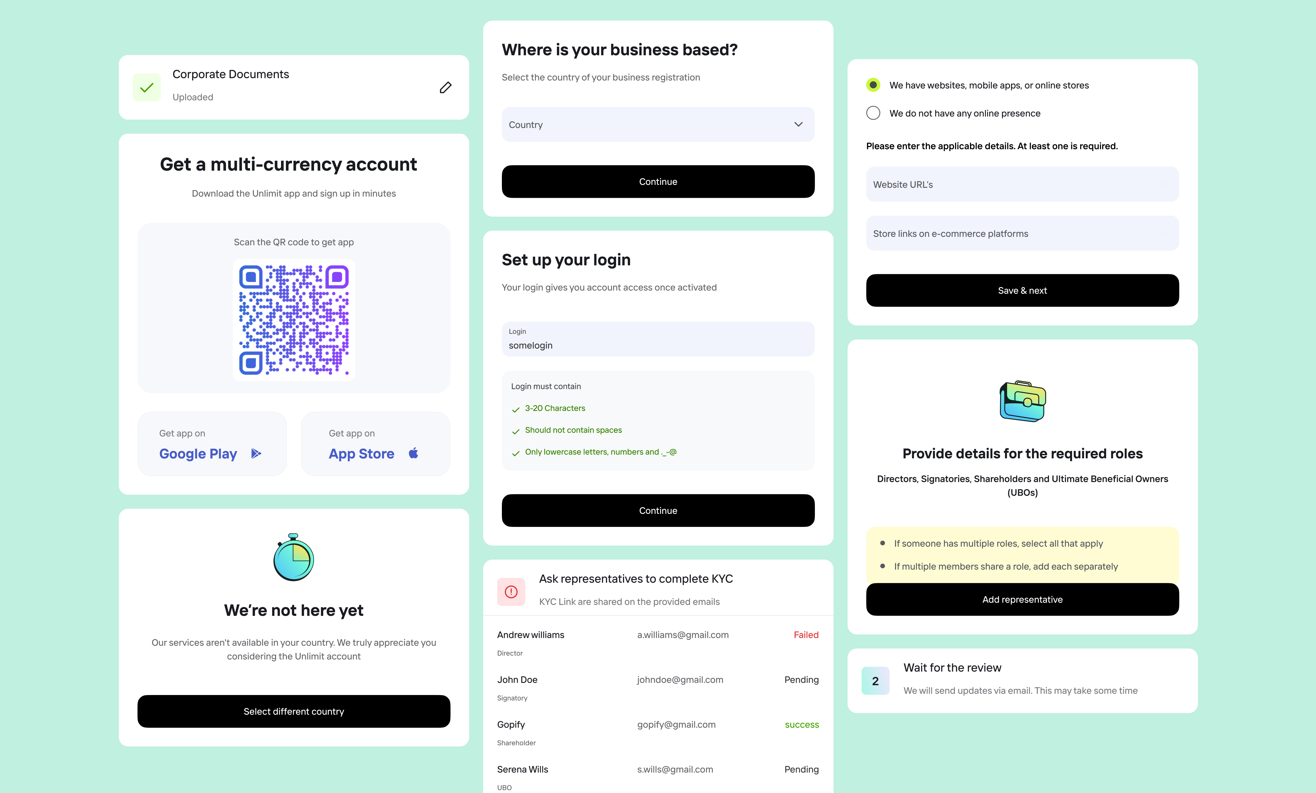 Business onboarding at scale showing onboarding, login setup, online presence, required roles and review states