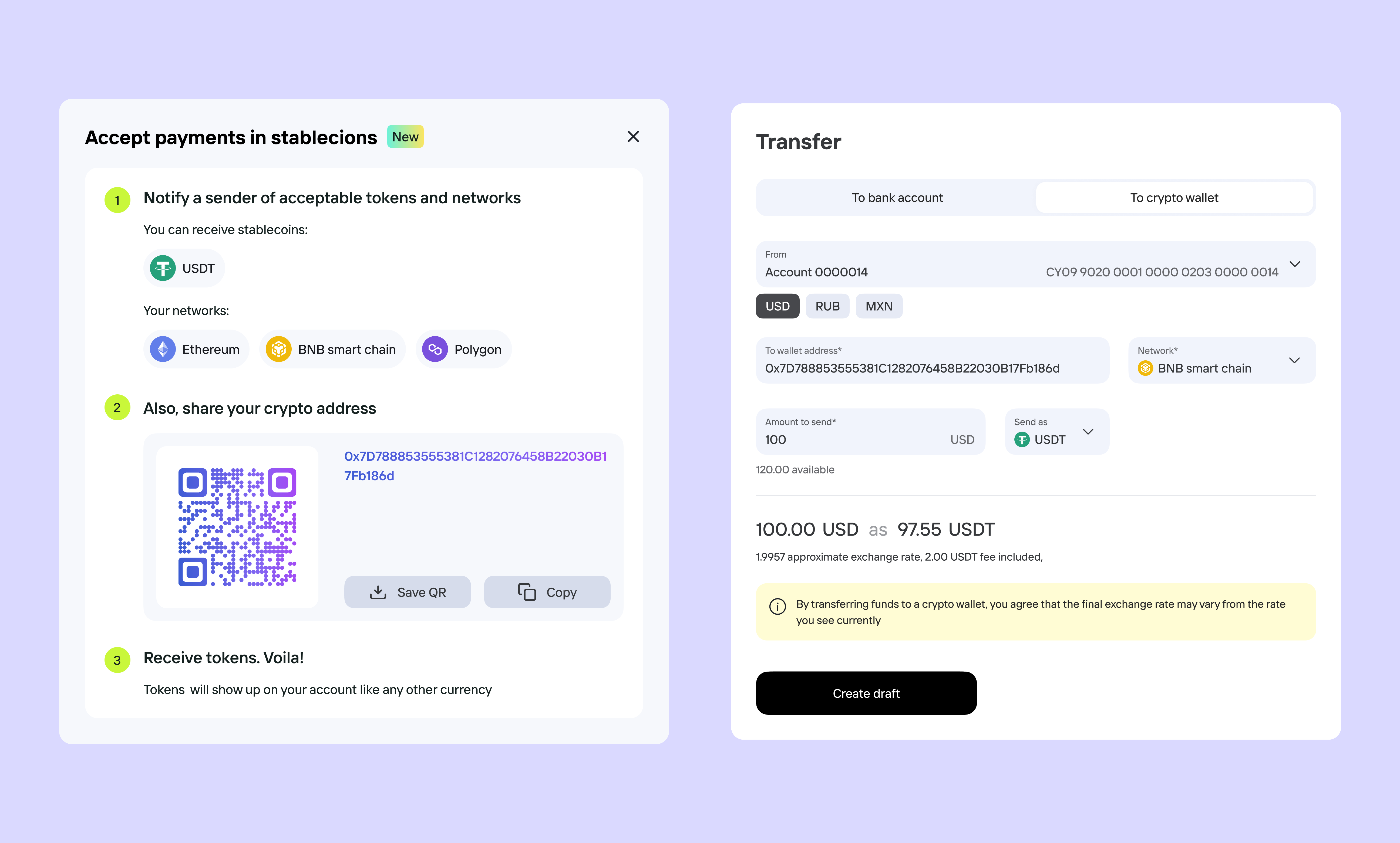 Crypto account and transfer concepts showing stablecoin payment instructions and a transfer to a crypto wallet