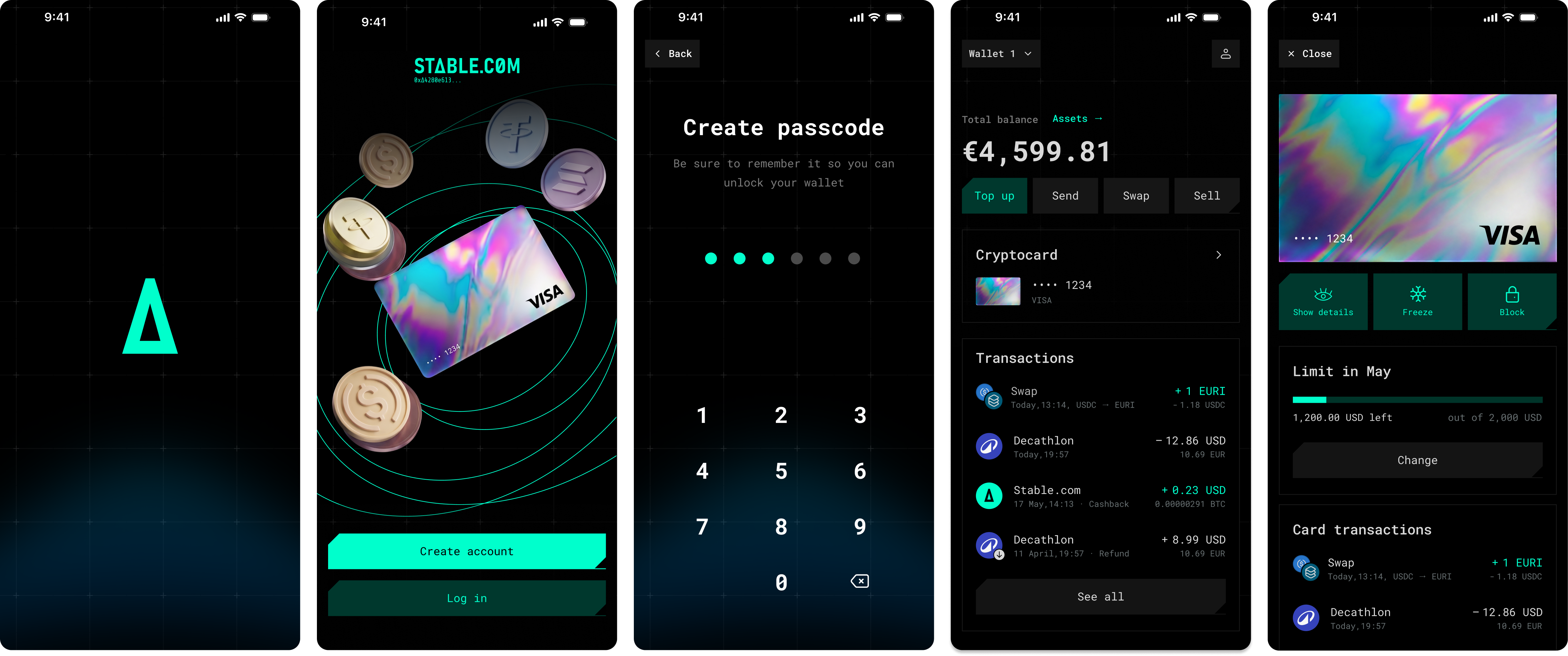 Five-screen crypto card concept covering splash, onboarding, passcode, balance and card details