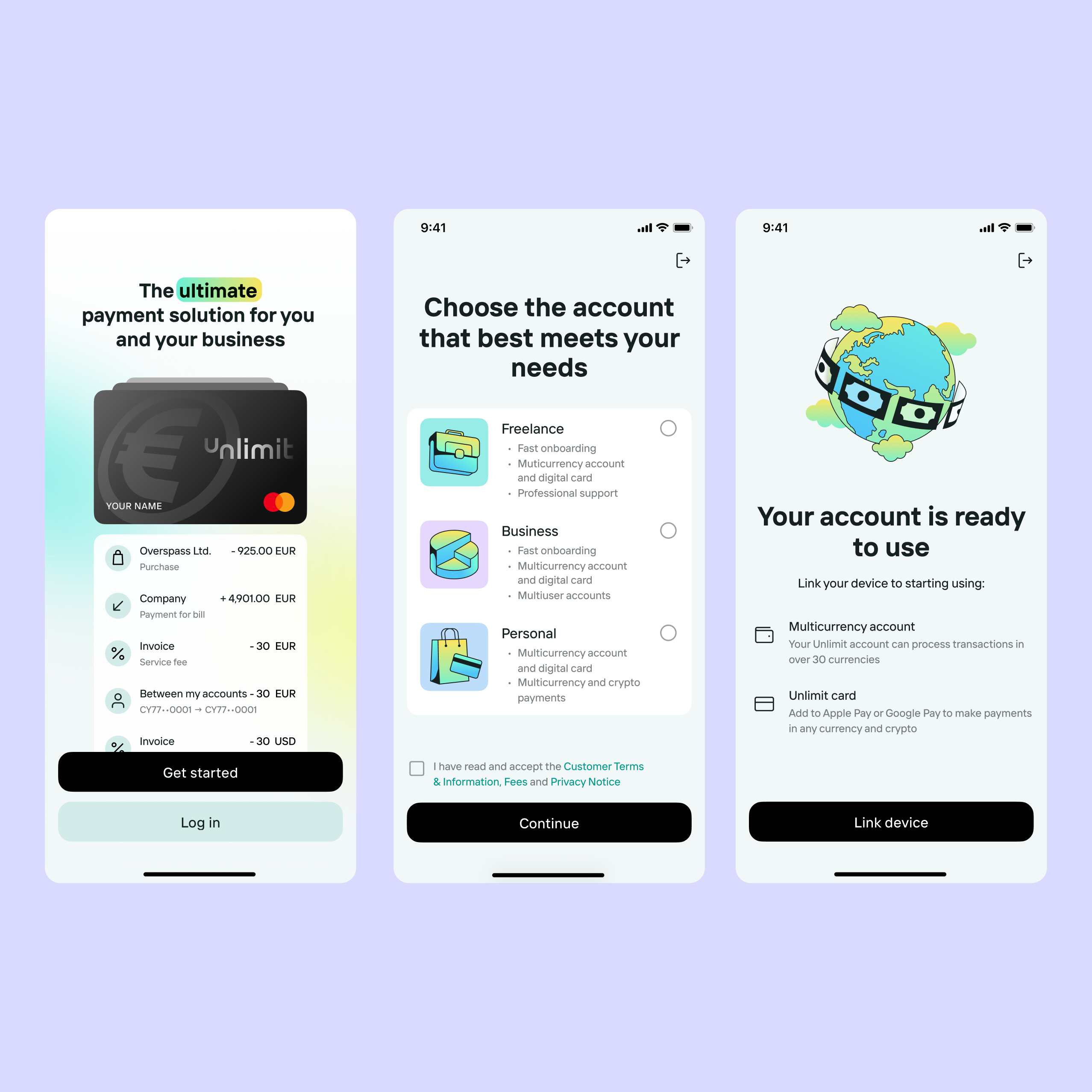 Three Unlimit mobile onboarding screens showing the welcome, account selection and device linking steps