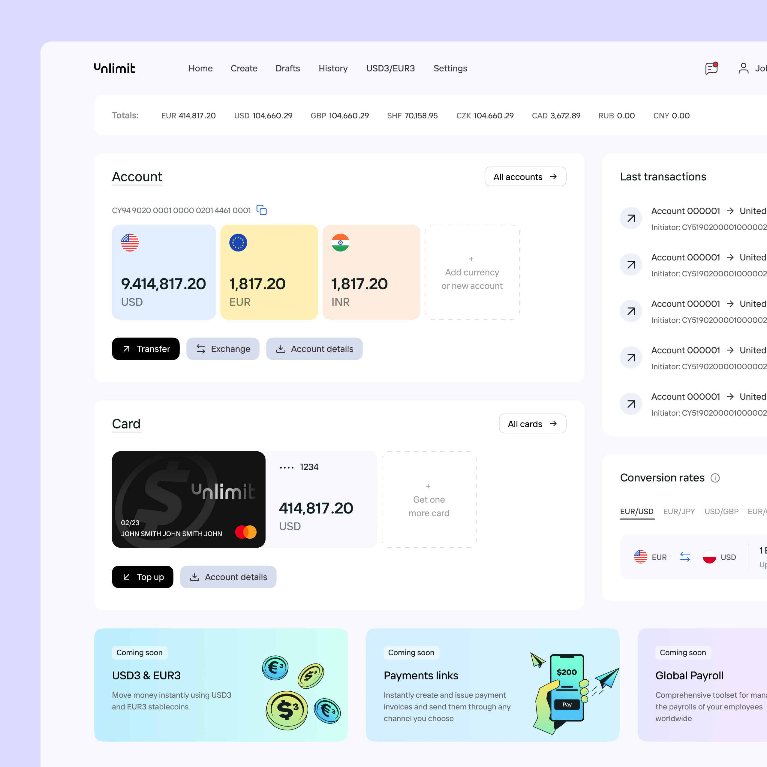 Unlimit web banking dashboard with multicurrency accounts, cards, recent transactions and conversion rates