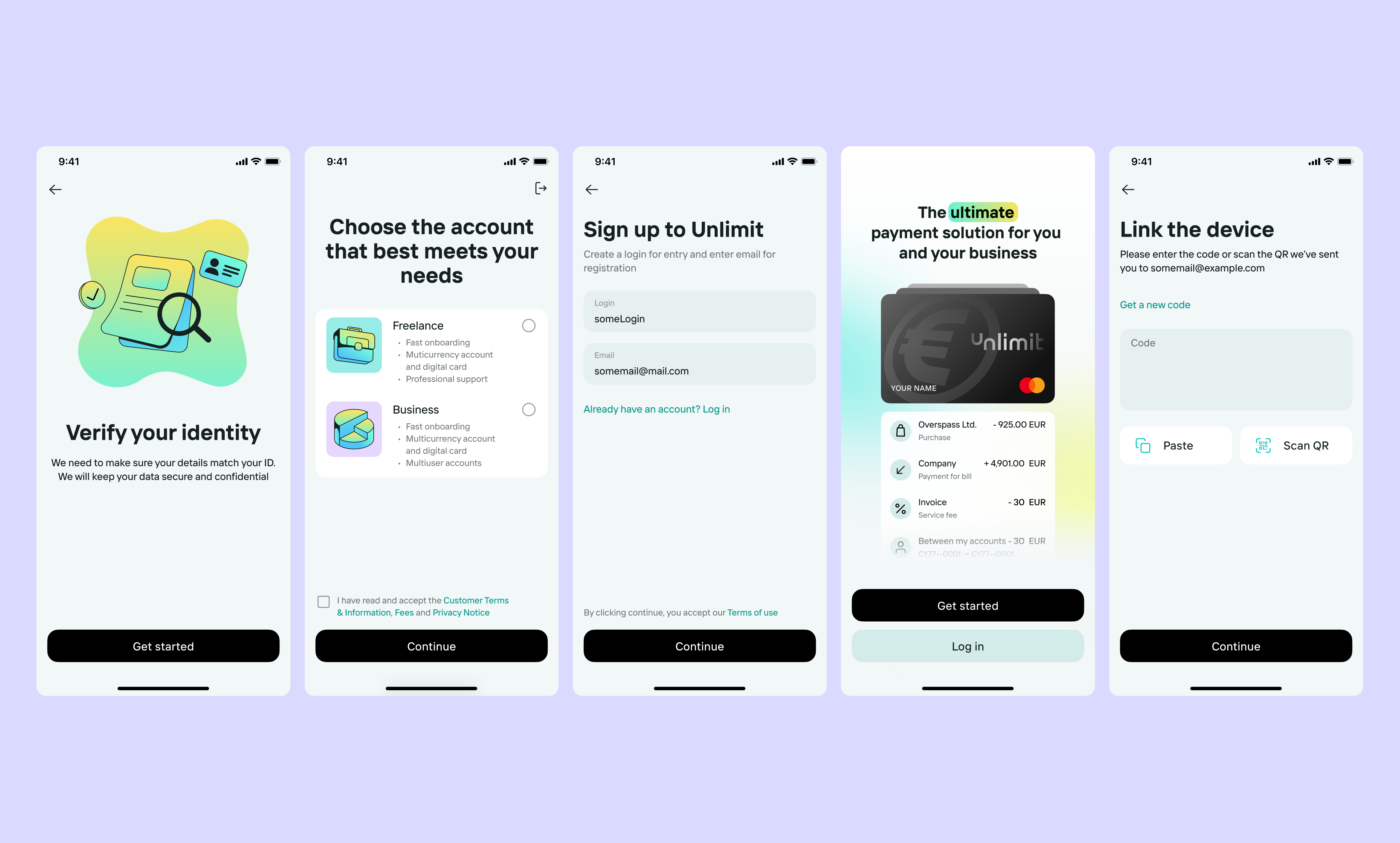 Five mobile onboarding screens showing identity verification, account selection, signup, welcome and device linking
