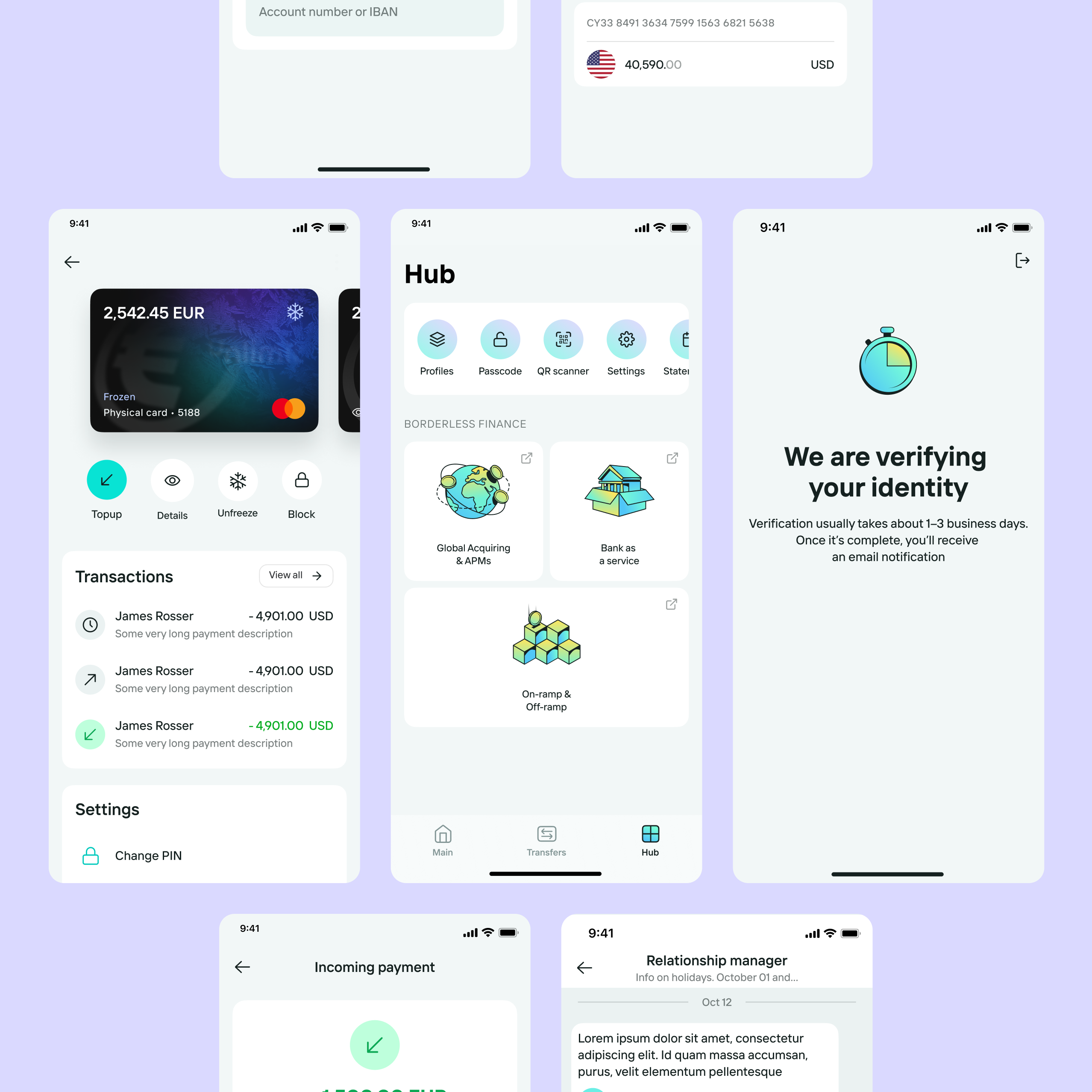 Mobile banking system across cards, Hub, identity verification, incoming payment and relationship manager screens
