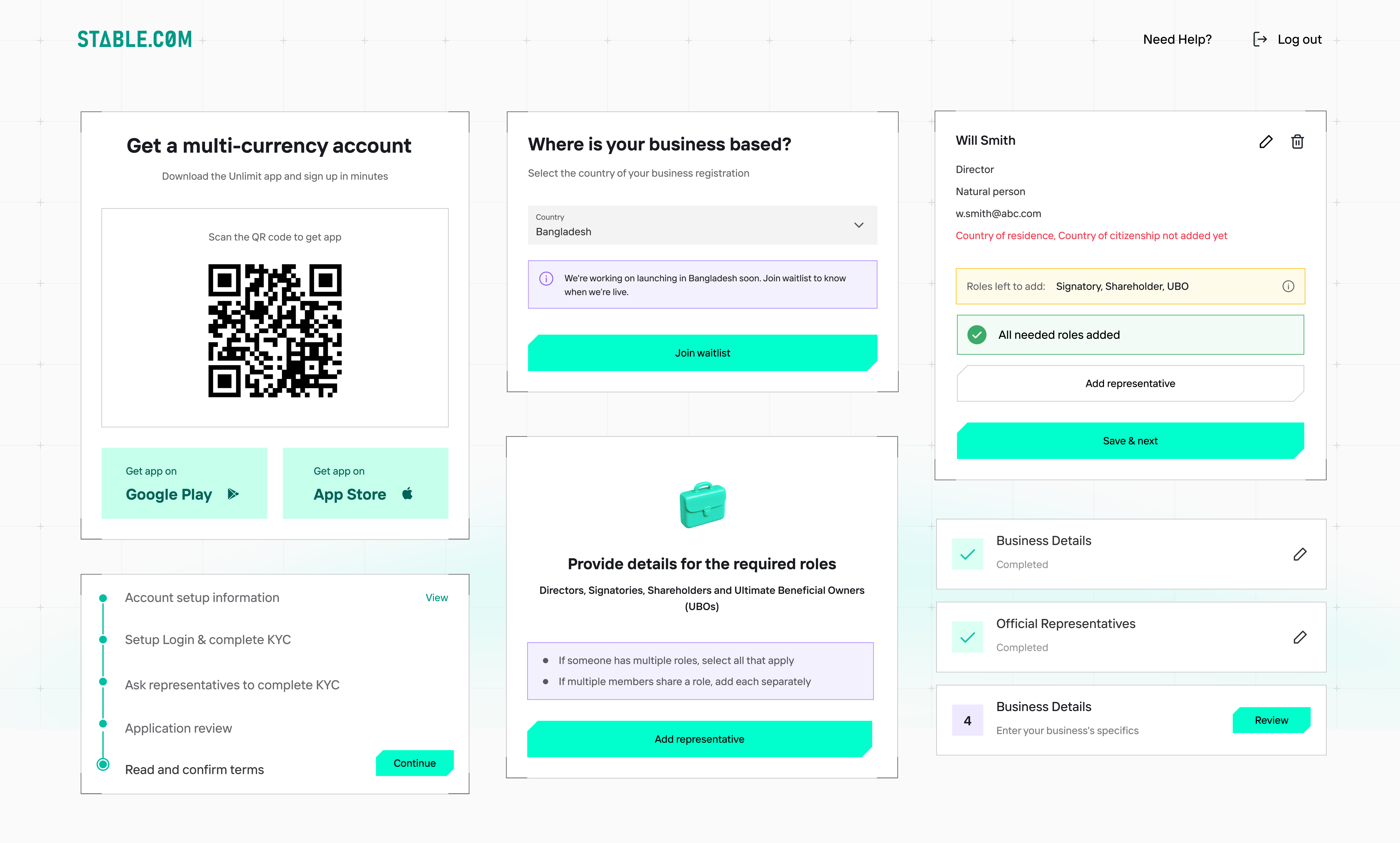 New-brand KYB screens showing app signup, country waitlist, representative roles and onboarding progress