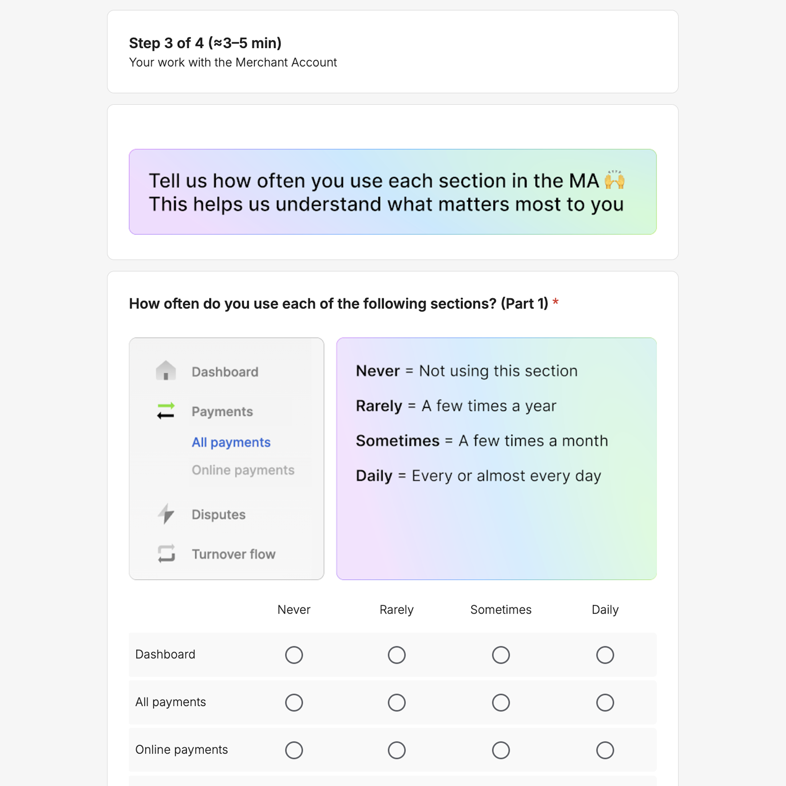 Merchant survey section-usage question with portal navigation references and Never, Rarely, Sometimes and Daily options