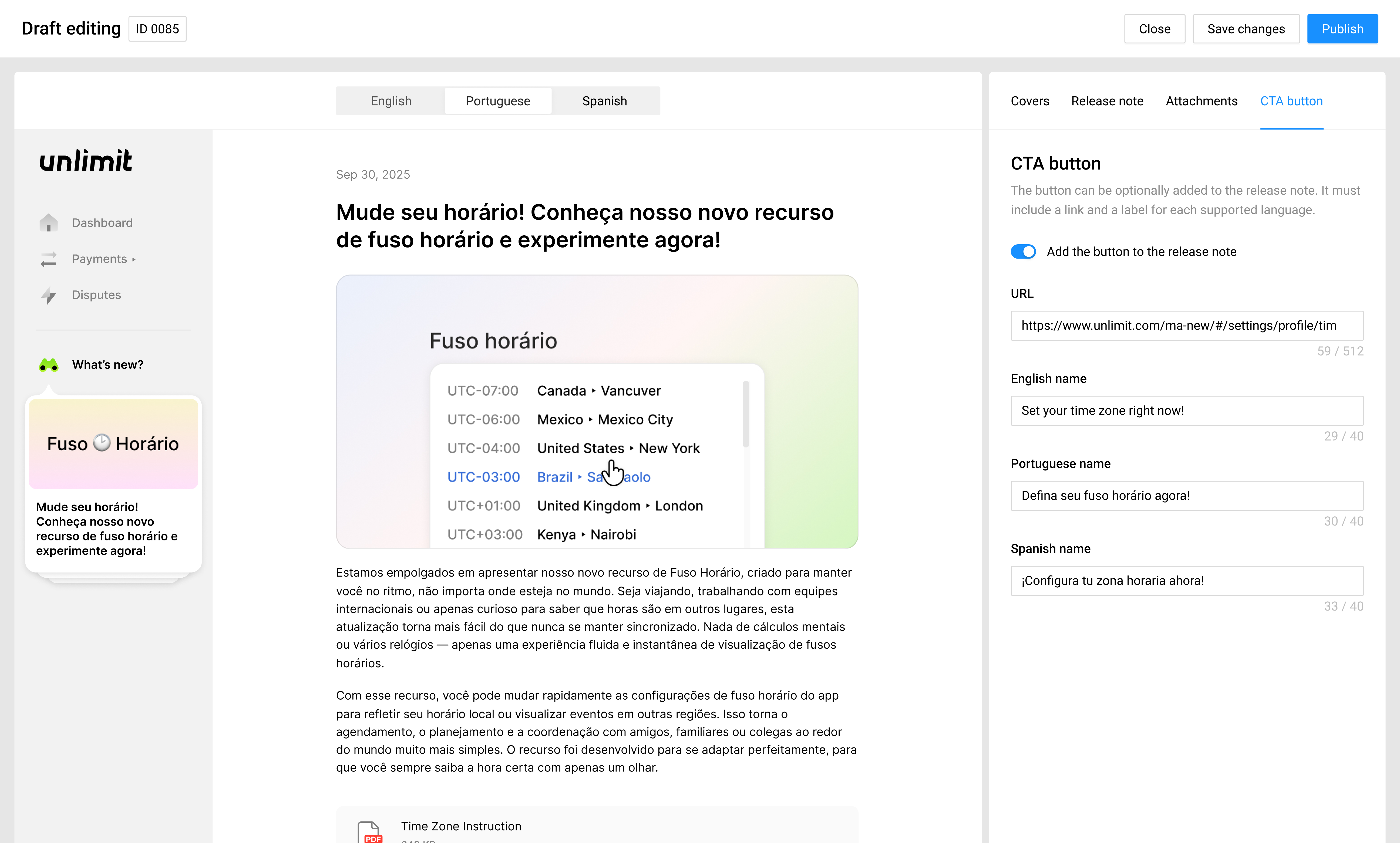 What’s New draft editor with a Portuguese merchant-facing preview, language tabs and localised CTA button settings