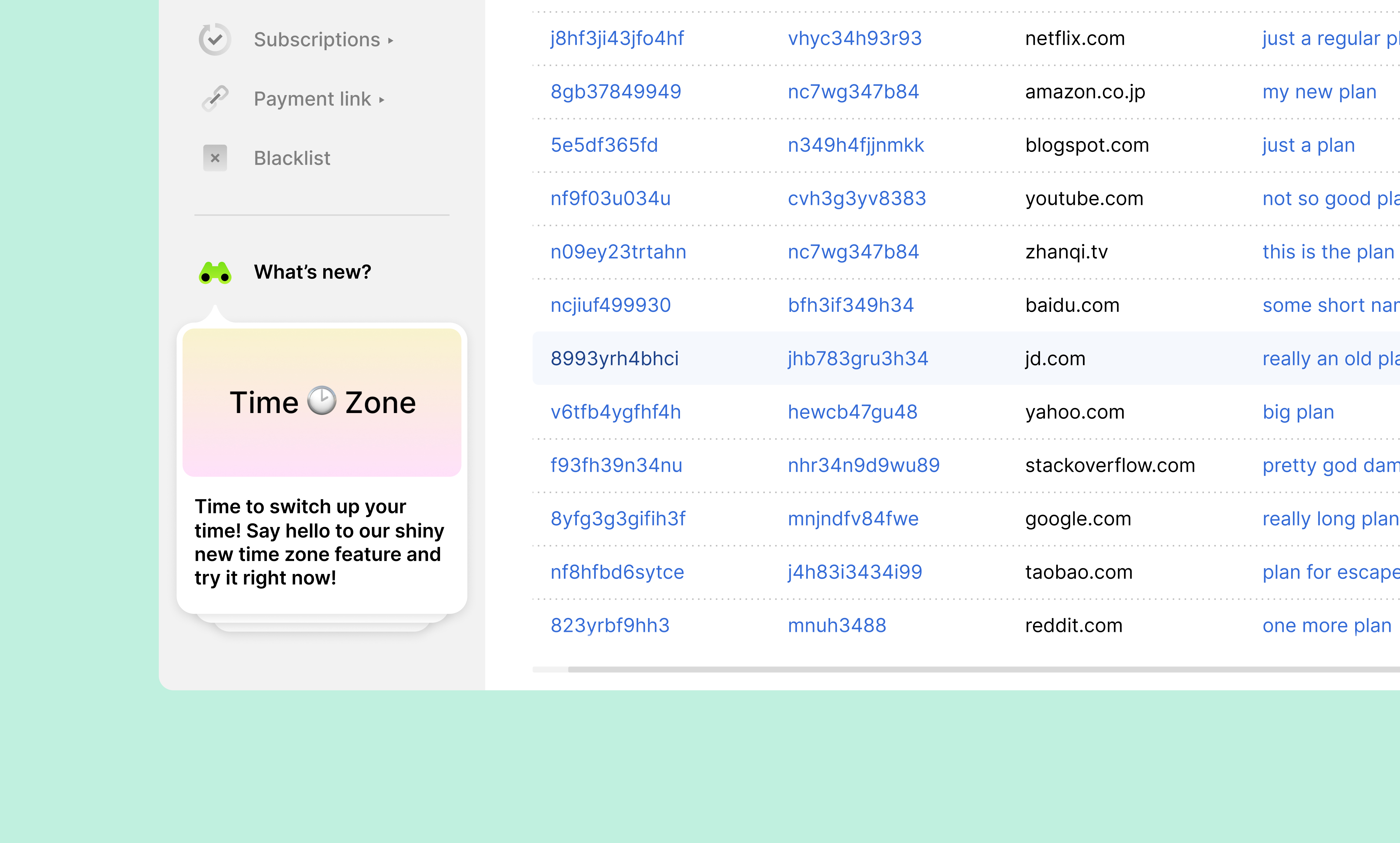 Merchant Account sidebar with the What’s new entry point and a Time Zone feature announcement beside the subscriptions table