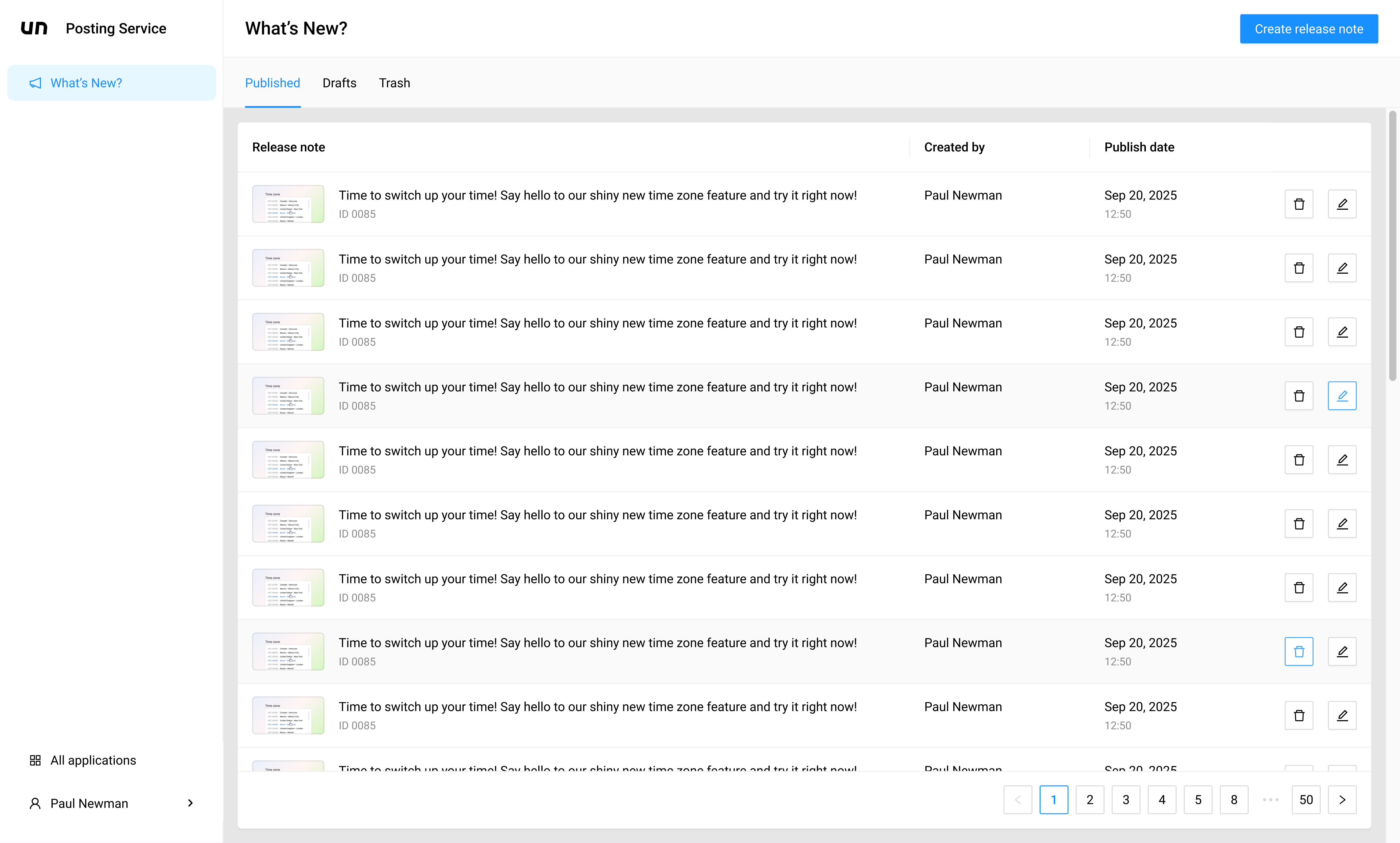 What’s New admin publication list with Published, Drafts and Trash tabs, release-note authors and dates, edit and delete actions, and pagination
