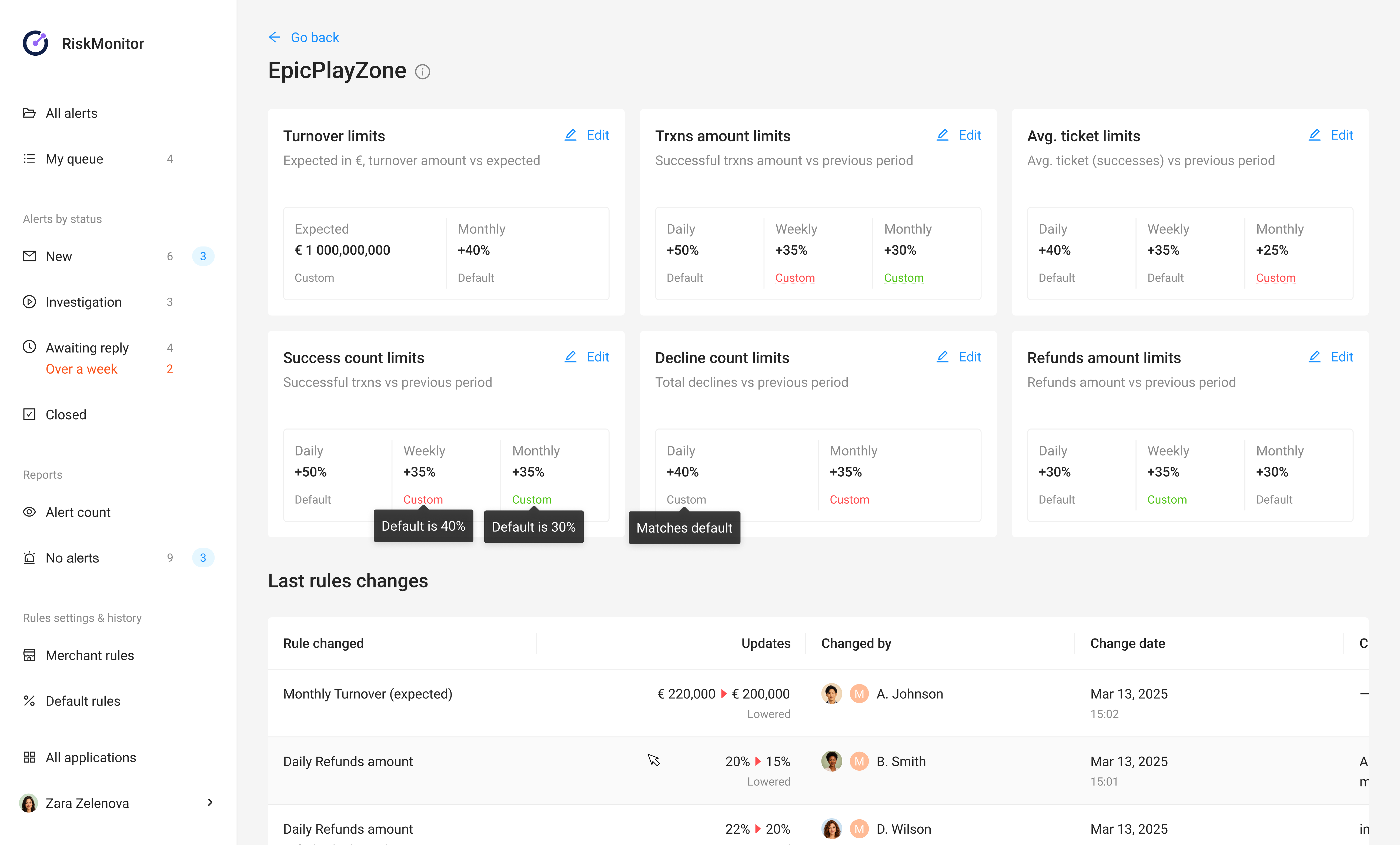 Merchant status with default values, custom rules, and rule change history