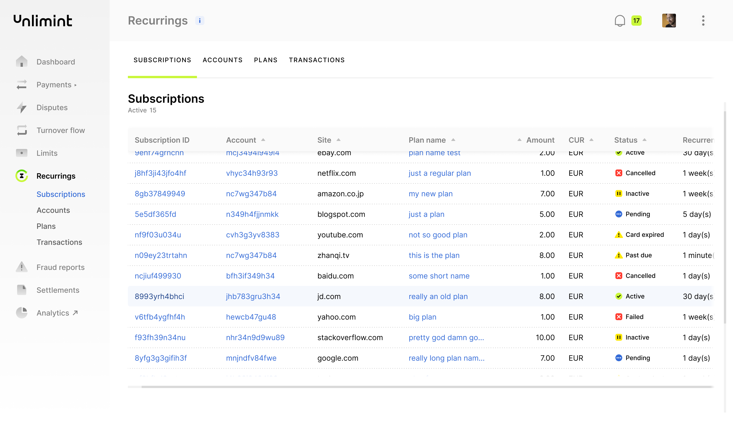 Merchant Account, Recurrings: Subscriptions